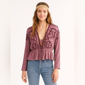 Boho Purple Indigo Thread Mulberry Peplum Long Sleeve Embroidered Top Size S